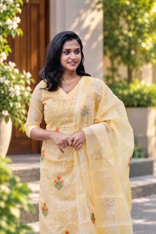 RUGHA 08 - Soft peach Yellow Kota Doria Floral Suit