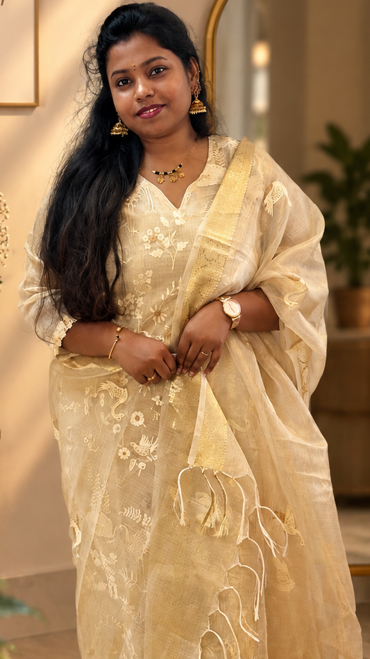 RUGHA 22 - Cream & Golden Mul Chandari Kurti Set