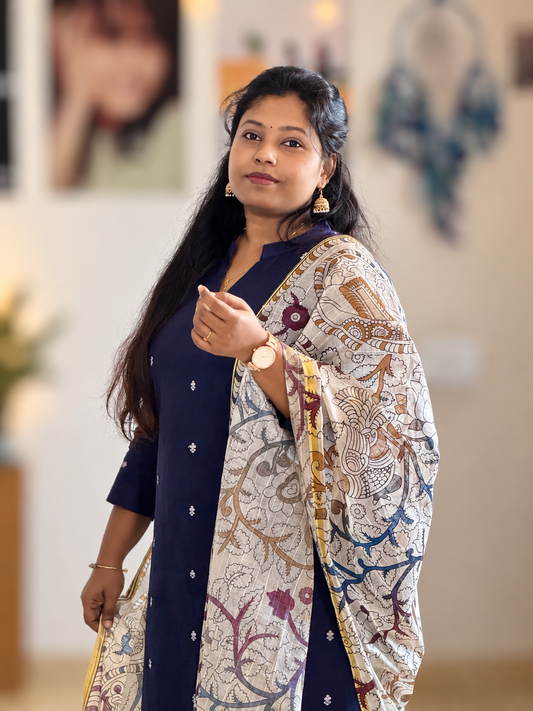 RUGHA 21 - Navy Blue Raw Silk Kurti Set