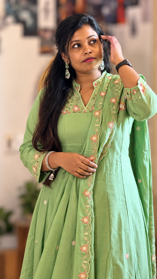 RUGHA 25 - Mint Green Mul Chandari Panel Anarkali