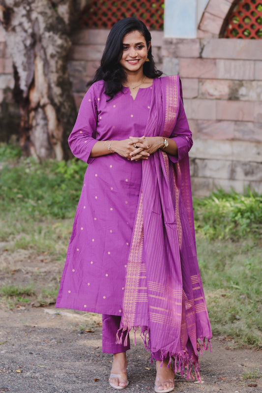 RUGHA 02 - Violet Lurex Handloom Cotton Self Weaved Suit Set