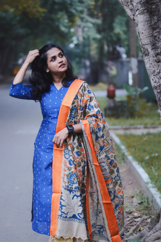 RUGHA 03 - Blue Silk top with Kalamkari Duppata