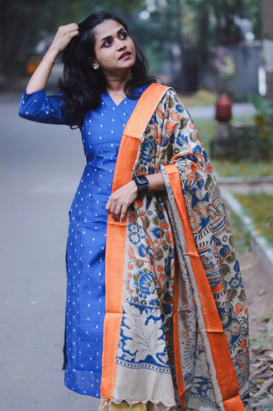 RUGHA 03 - Blue Dupion Silk Top with Kalamkari Duppata