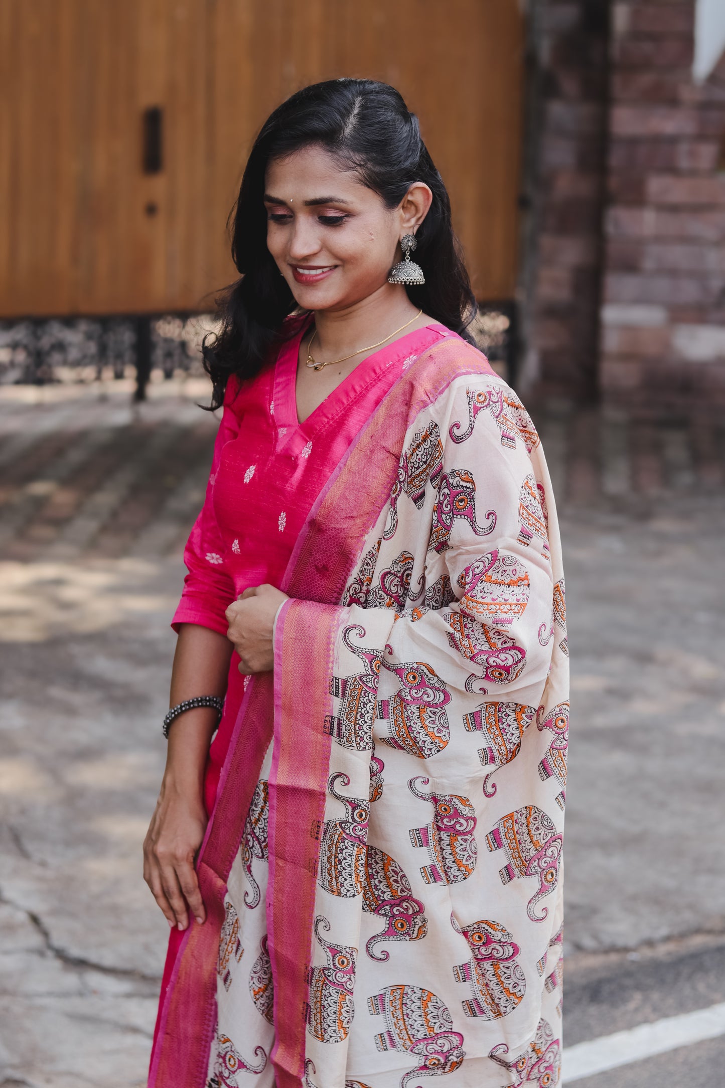 RUGHA 05 - Rani Pink Silk top with Kalamkari Duppata