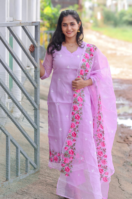 RUGHA 09 - Lavender Kota Doria Floral Embroidery Suit