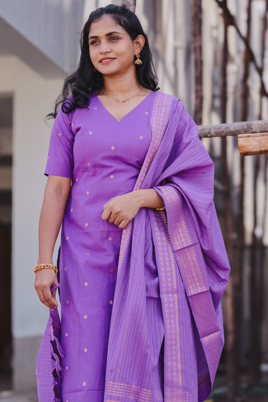 RUGHA 17 - Lavender Lurex Handloom Cotton Self Weaved Suit Set