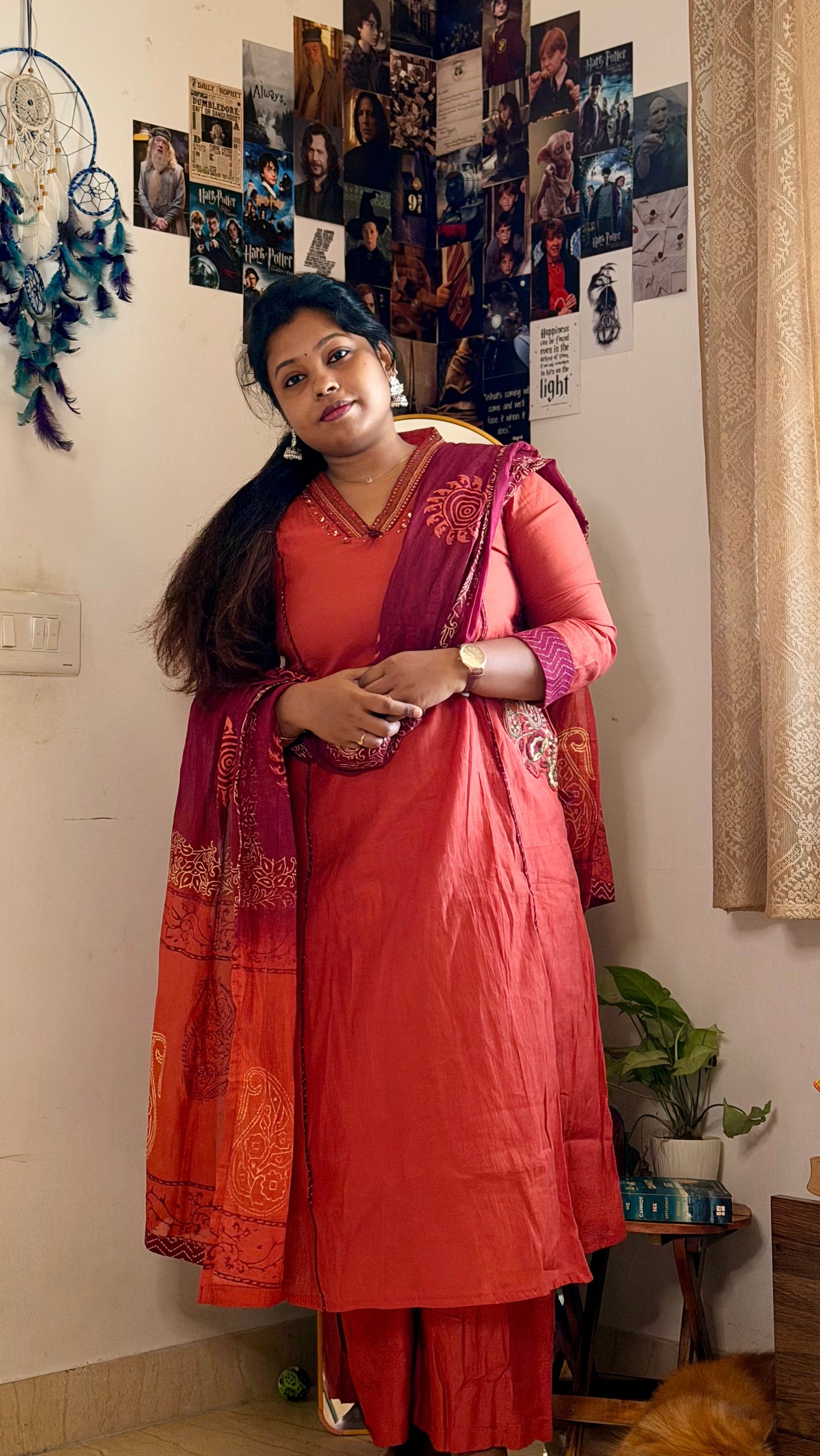 RUGHA 23 - Handloom Mul Chandari Rust Orange Kurti Set