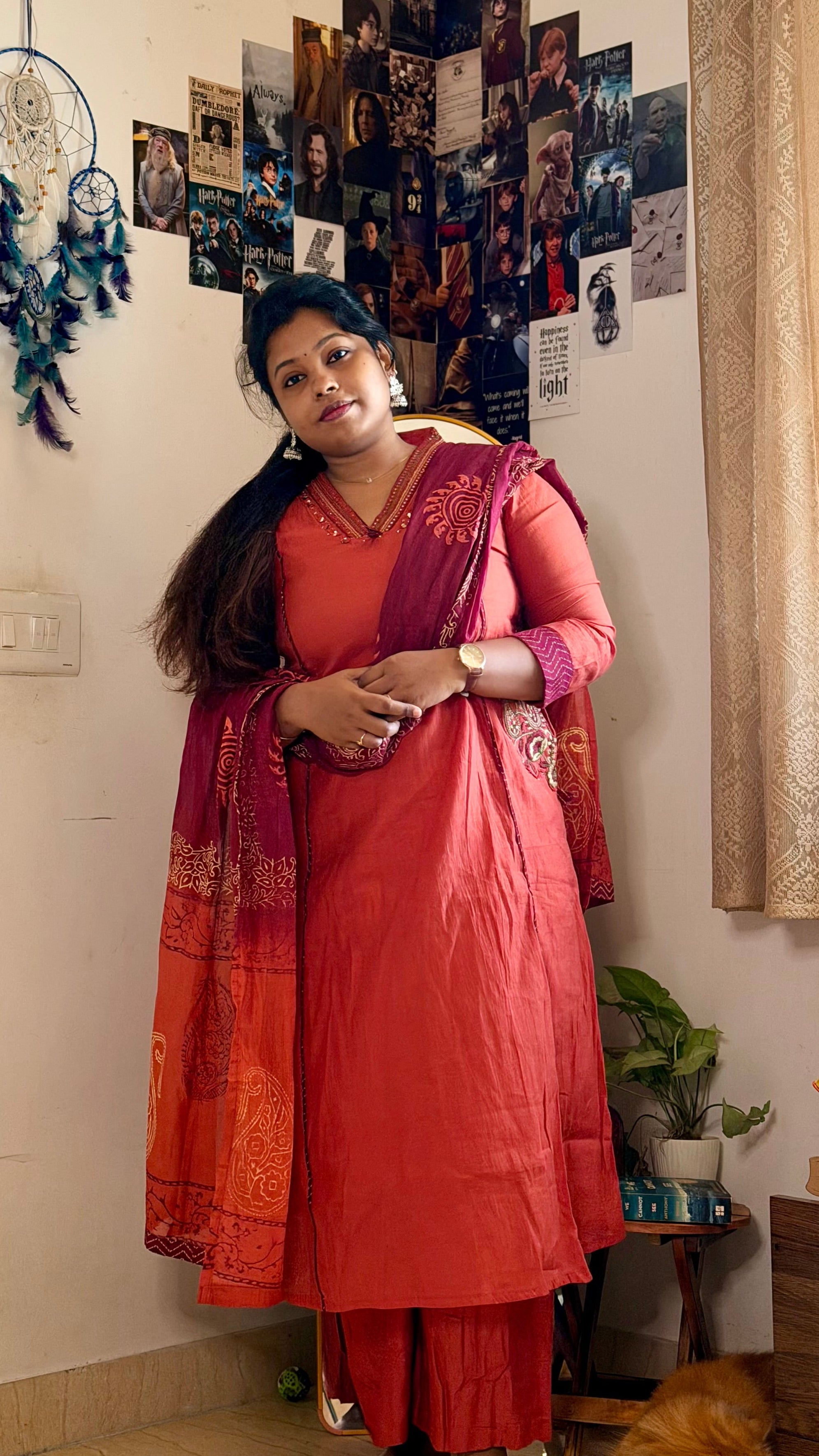 RUGHA 23 - Handloom Mul Chandari Rust Orange Kurti Set