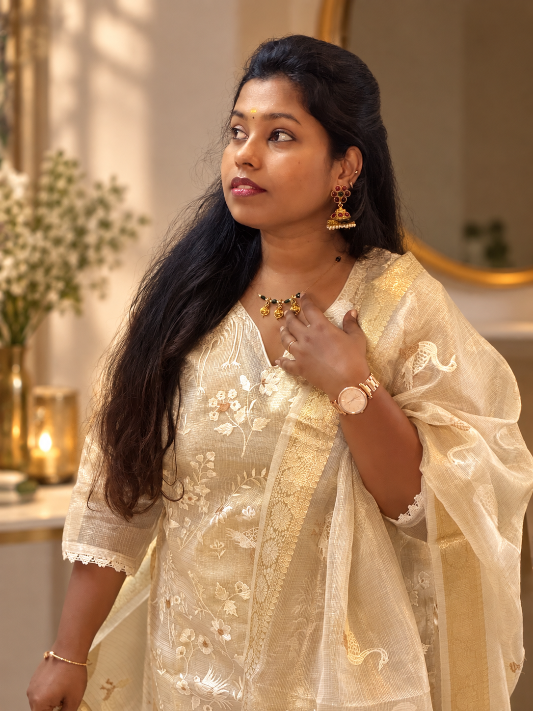 RUGHA 22 - Cream & Golden Mul Chandari Kurti Set