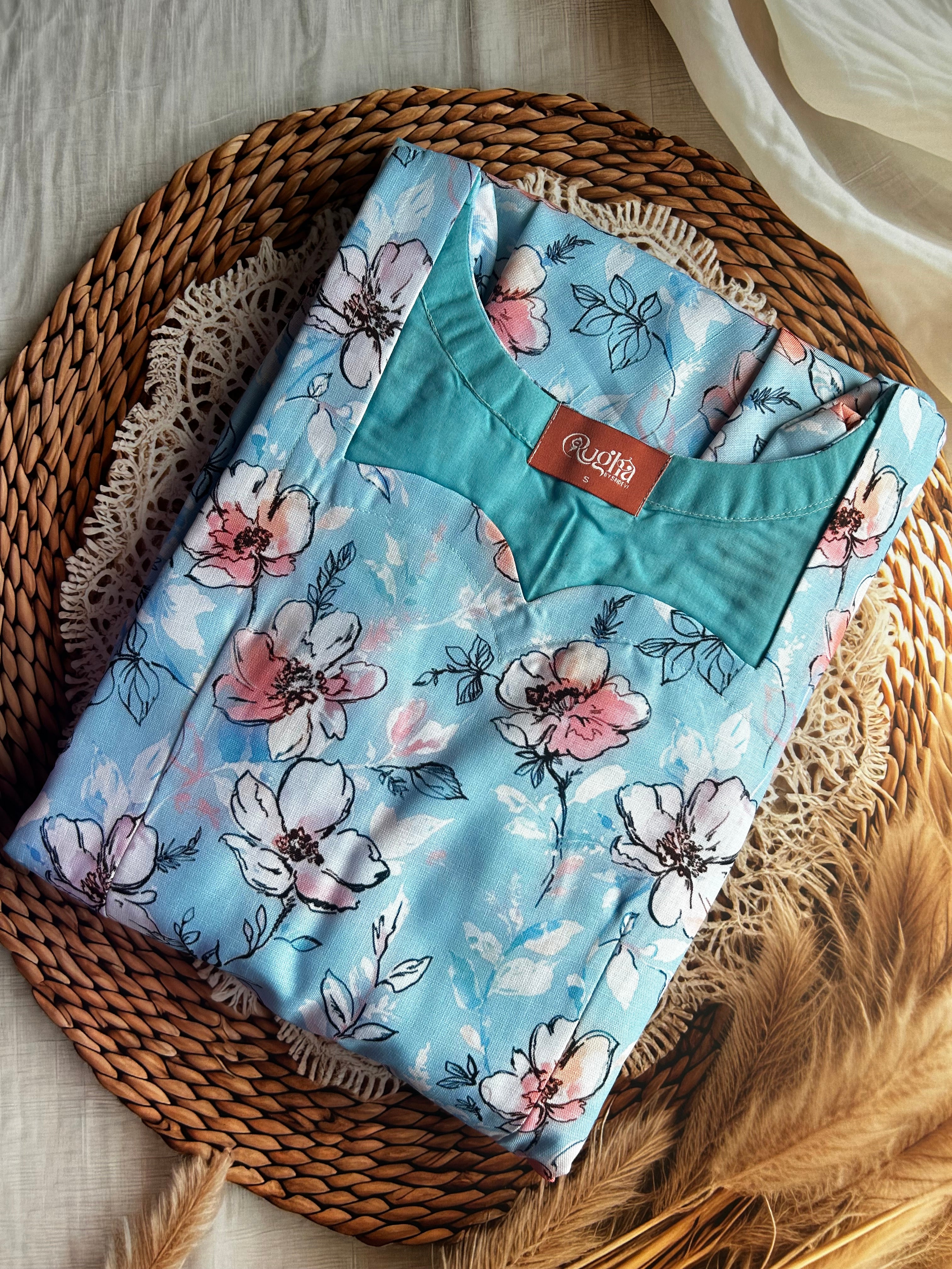 RUGHA 32 - Sky Blue Floral Fit & Flare Maxi