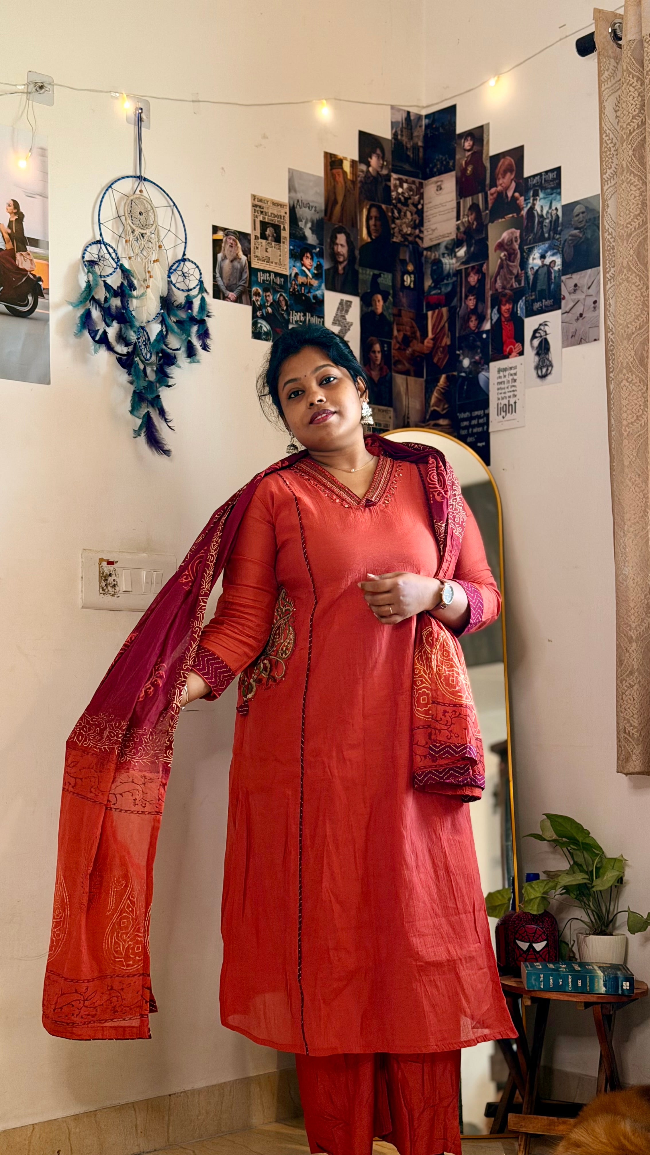 RUGHA 23 - Handloom Mul Chandari Rust Orange Kurti Set