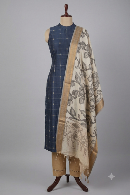 RUGHA 01 - Navy Blue Silk top with Kalamkari Duppata