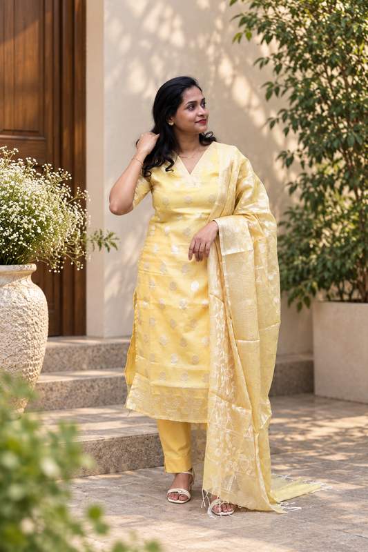 RUGHA 11 - Premium Banarasi Yellow Kota Doria Suit
