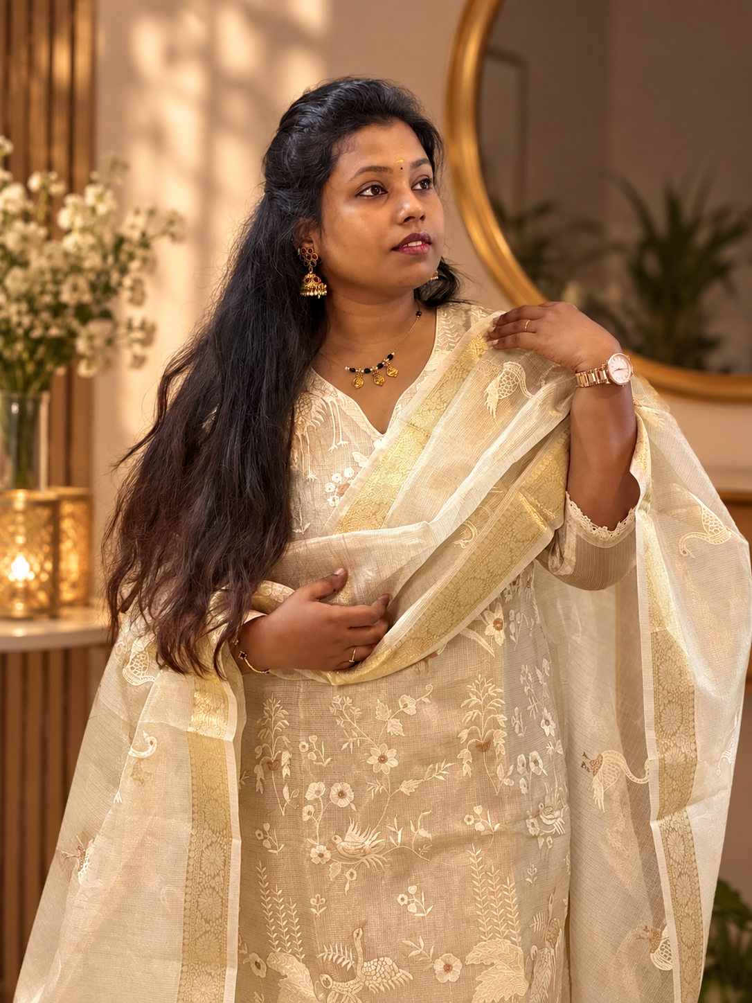 RUGHA 22 - Cream & Golden Mul Chandari Kurti Set