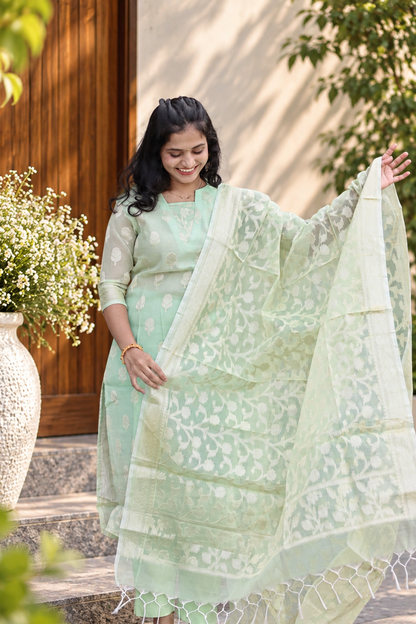 RUGHA 10 - Premium Banarasi Pastel Green Kota Doria Suit