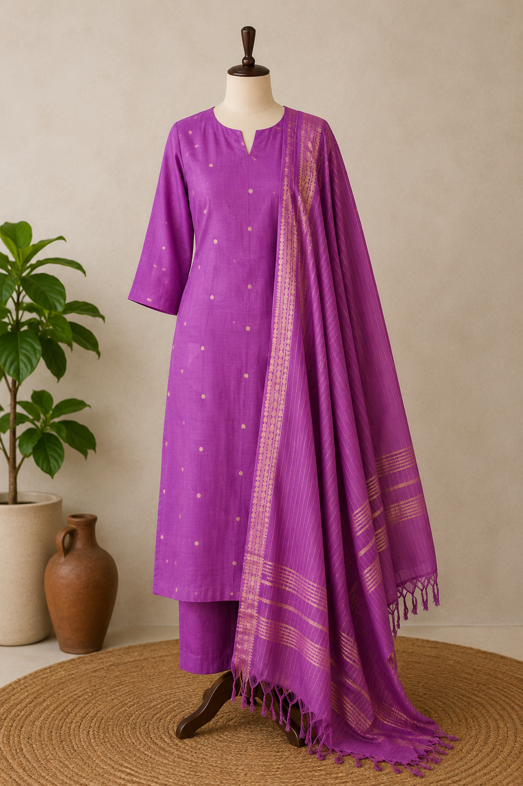 RUGHA 02 - Violet Lurex Handloom Cotton Self Weaved Suit Set
