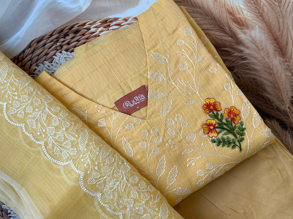 RUGHA 08 - Soft peach Yellow Kota Doria Floral Suit