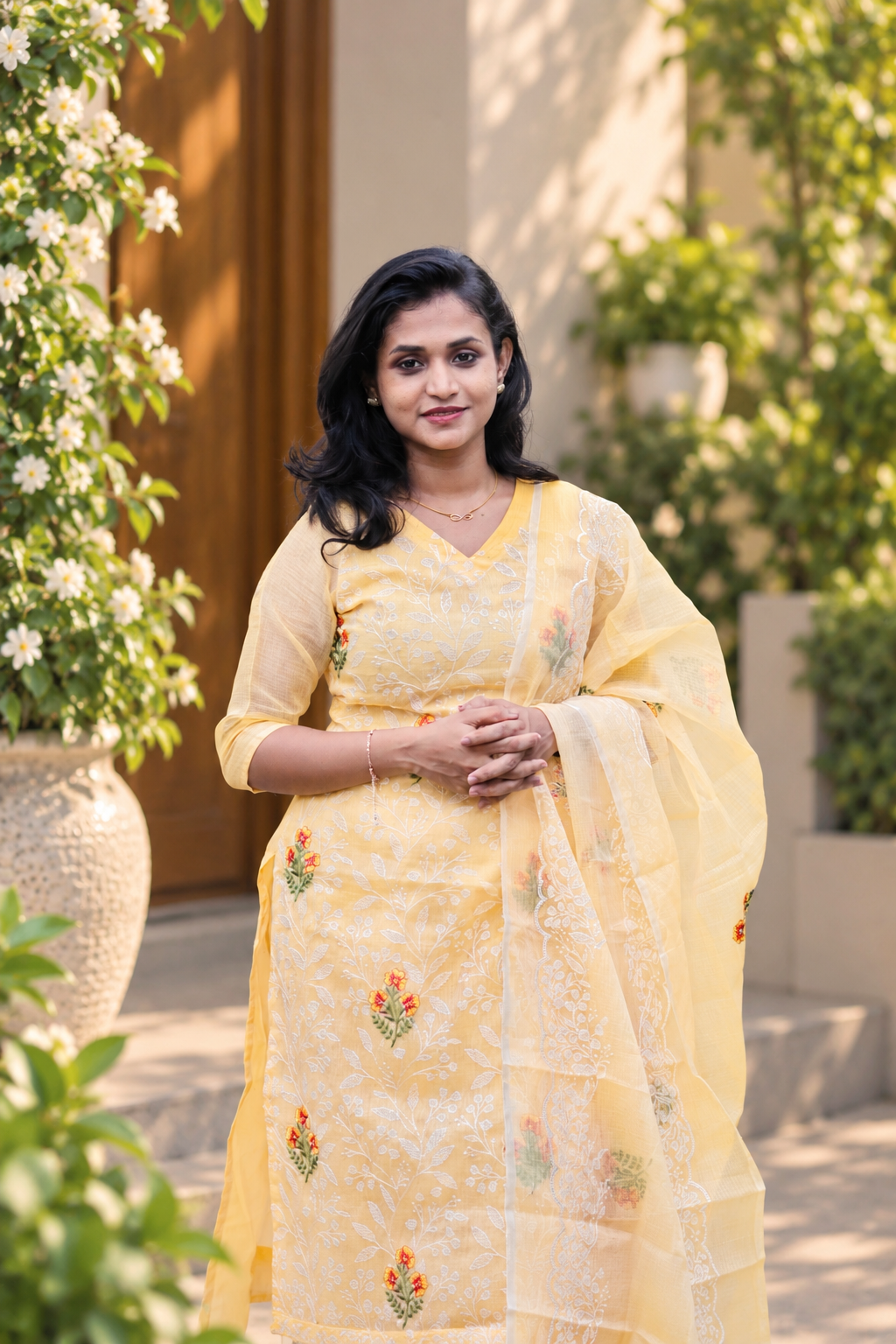 RUGHA 08 - Soft peach Yellow Kota Doria Floral Suit