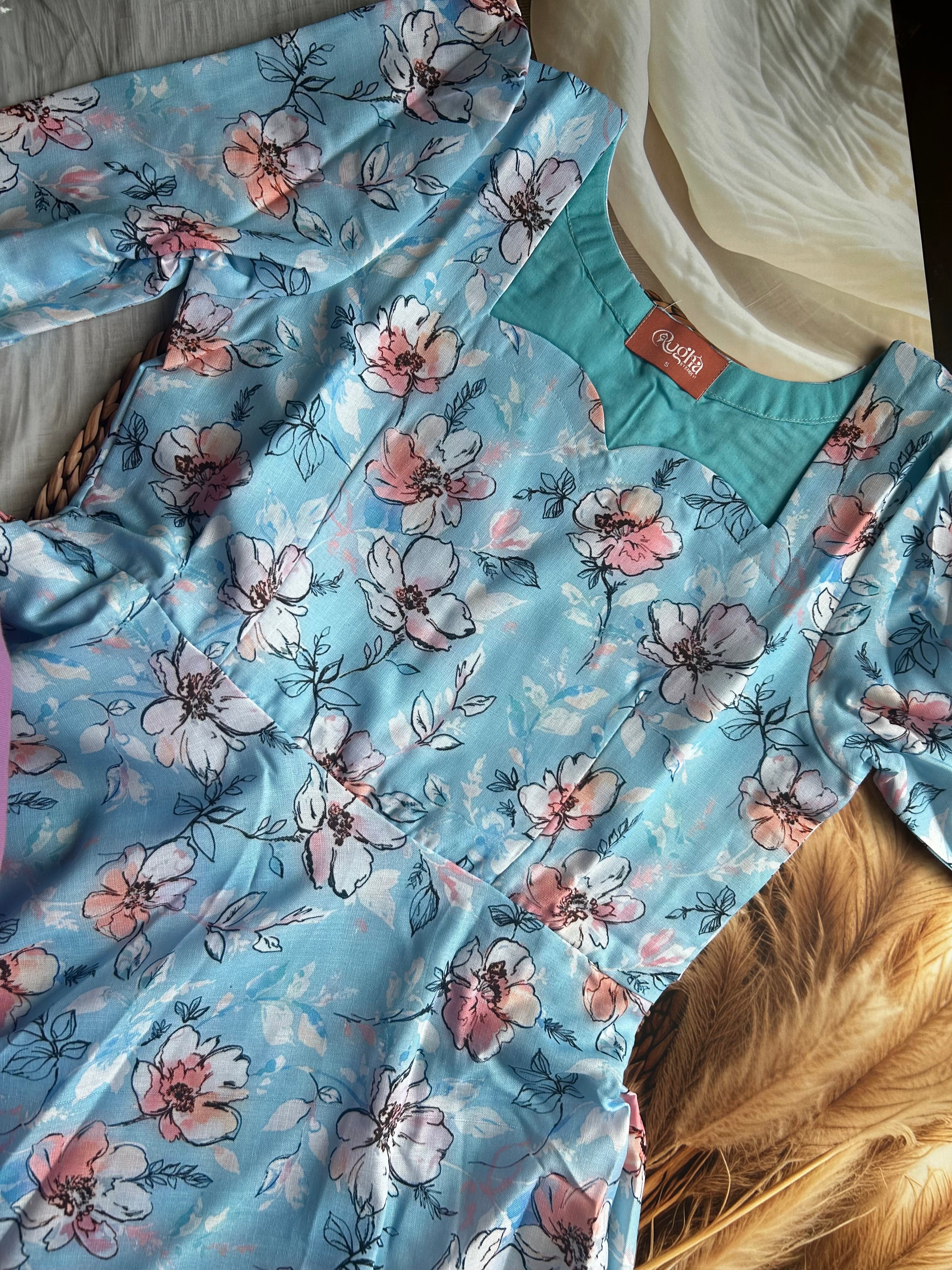 RUGHA 32 - Sky Blue Floral Fit & Flare Maxi