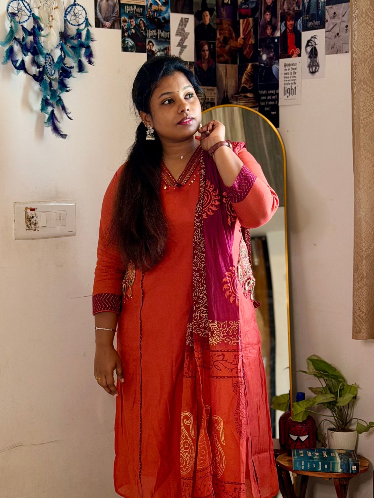 RUGHA 23 - Handloom Mul Chandari Rust Orange Kurti Set