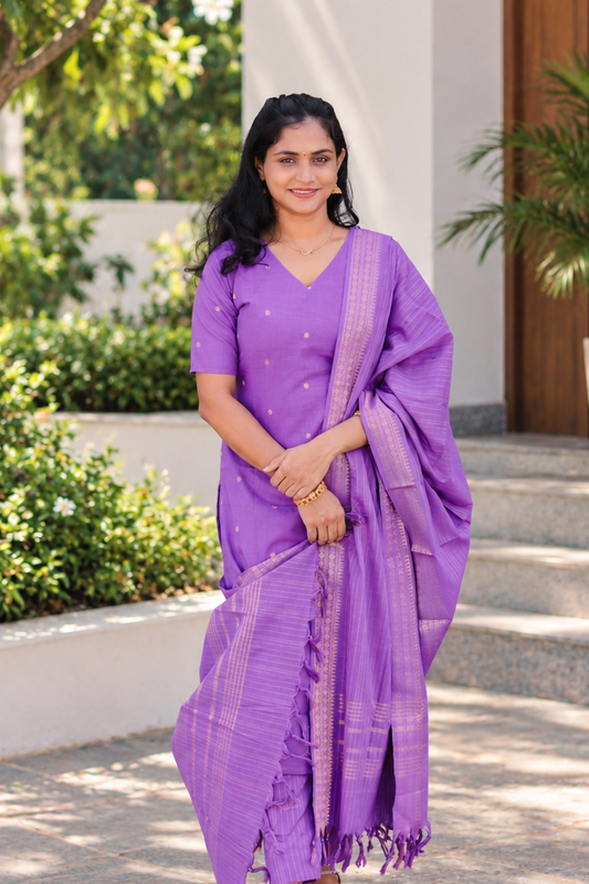 RUGHA 17 - Lavender Lurex Handloom Cotton Self Weaved Suit Set