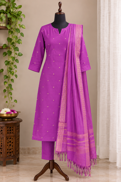 RUGHA 02 - Violet Handloom Cotton Self Weaved Suit Set