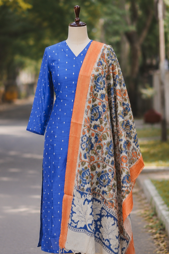 RUGHA 03 - Blue Dupion Silk Top with Kalamkari Duppata