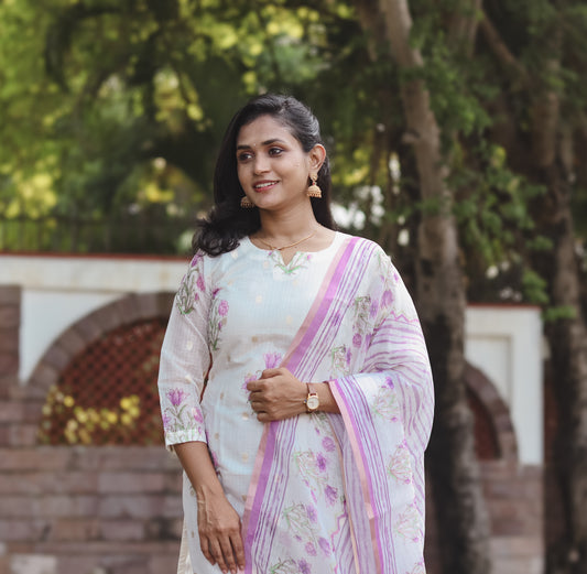 RUGHA 13 - White Kota Doria Silk cotton floral set