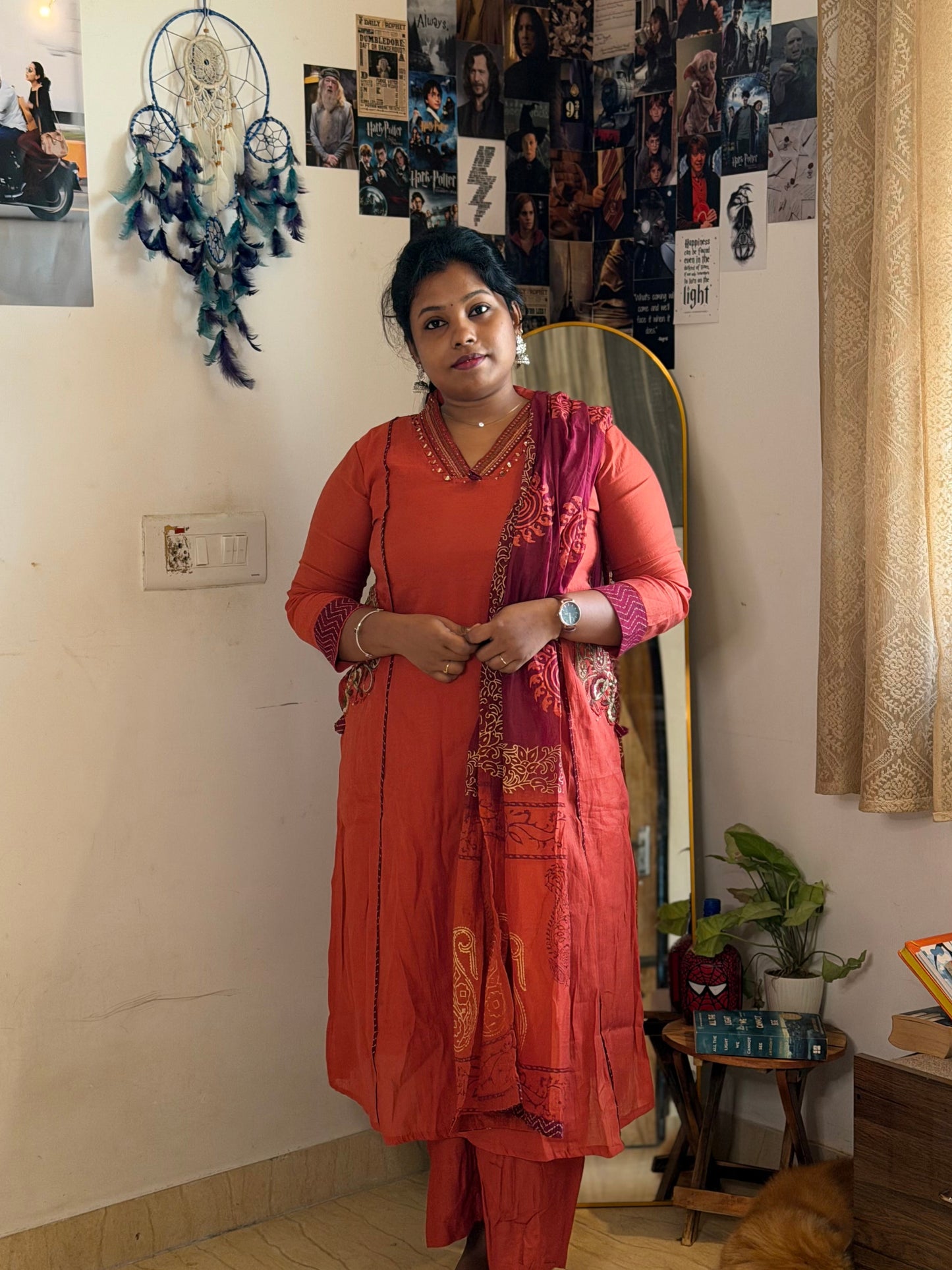 RUGHA 23 - Handloom Mul Chandari Rust Orange Kurti Set