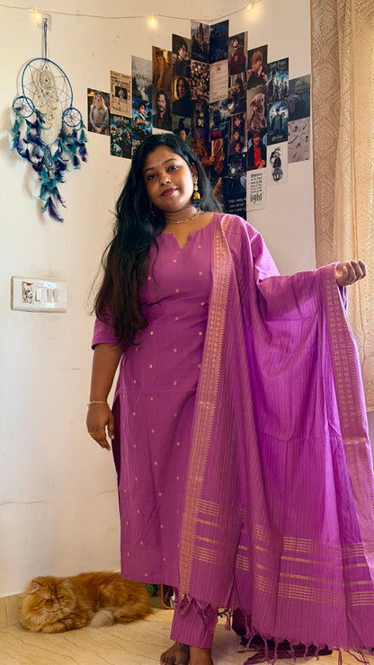 RUGHA 02 - Violet Handloom Cotton Self Weaved Suit Set