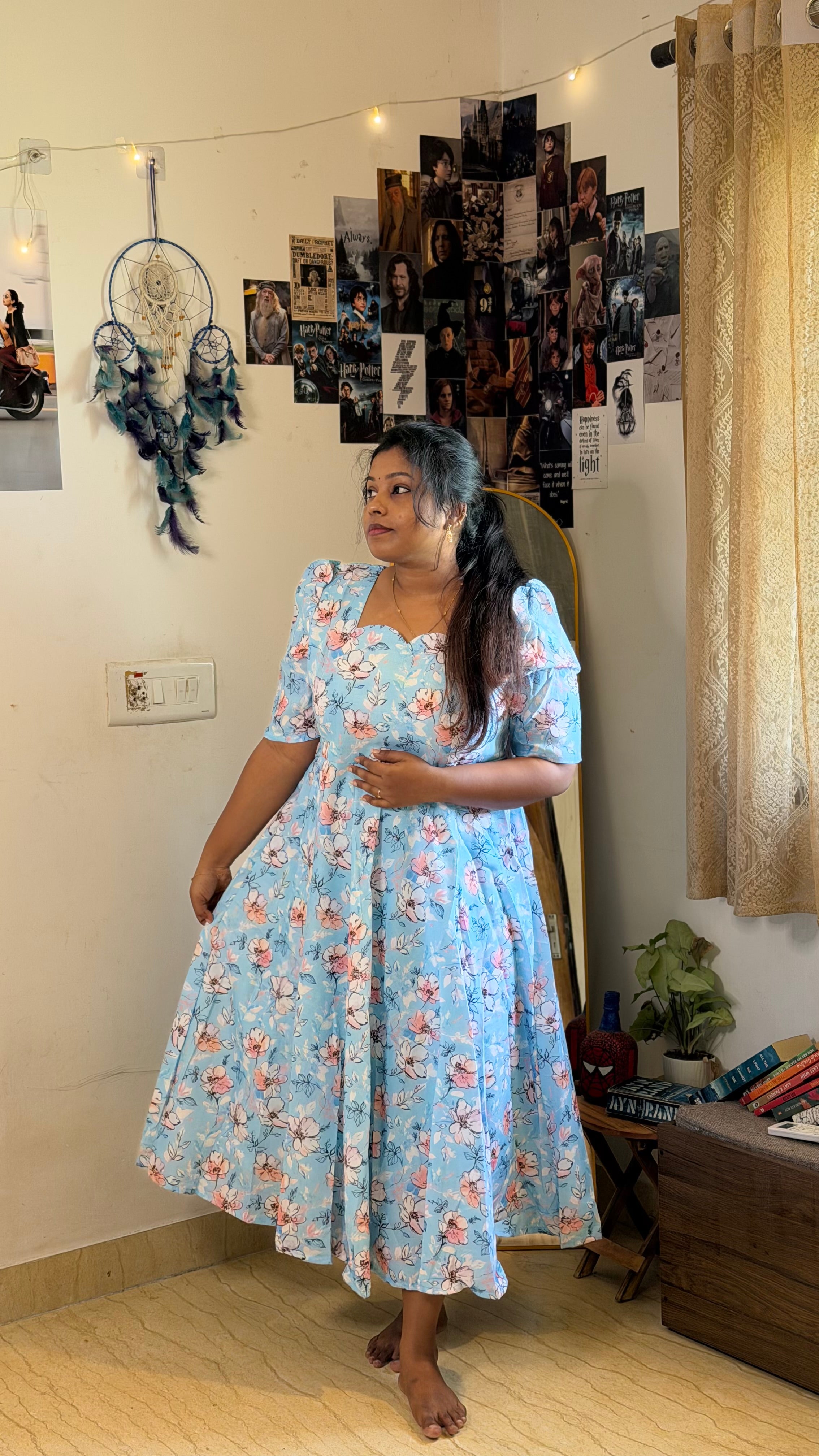 RUGHA 32 - Sky Blue Floral Fit & Flare Maxi