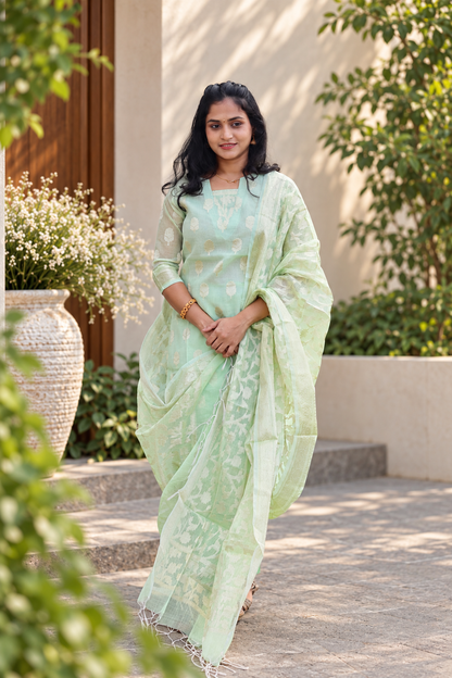 RUGHA 10 - Premium Banarasi Pastel Green Kota Doria Suit