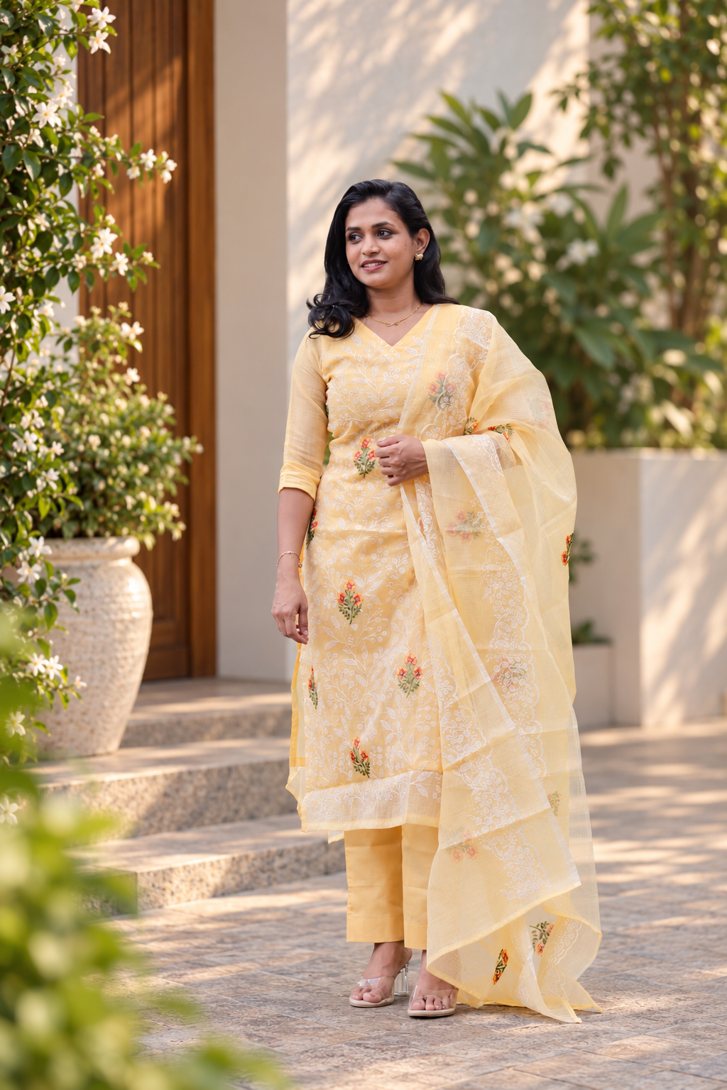 RUGHA 08 - Soft peach Yellow Kota Doria Floral Suit