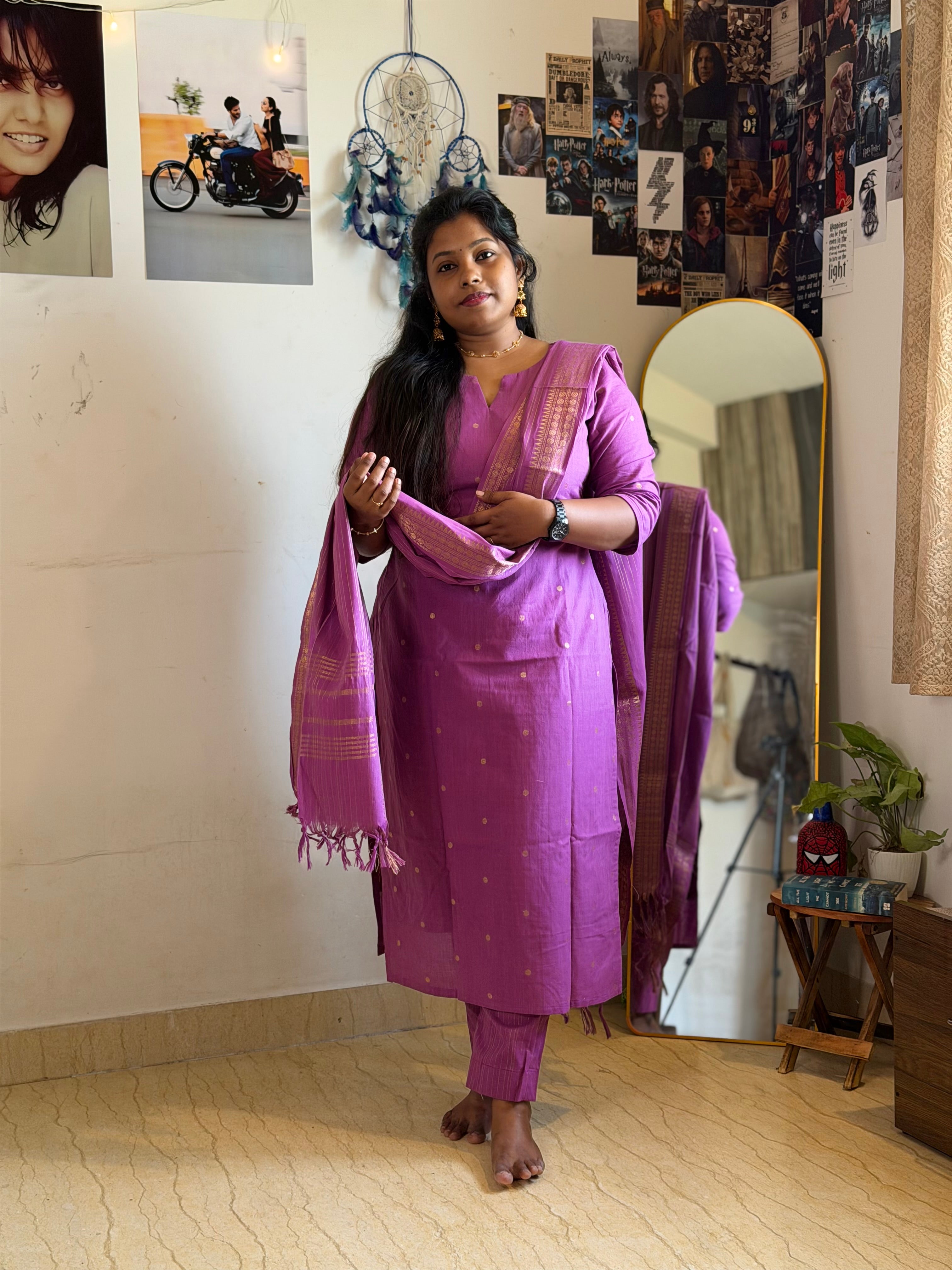 RUGHA 02 - Violet Handloom Cotton Self Weaved Suit Set