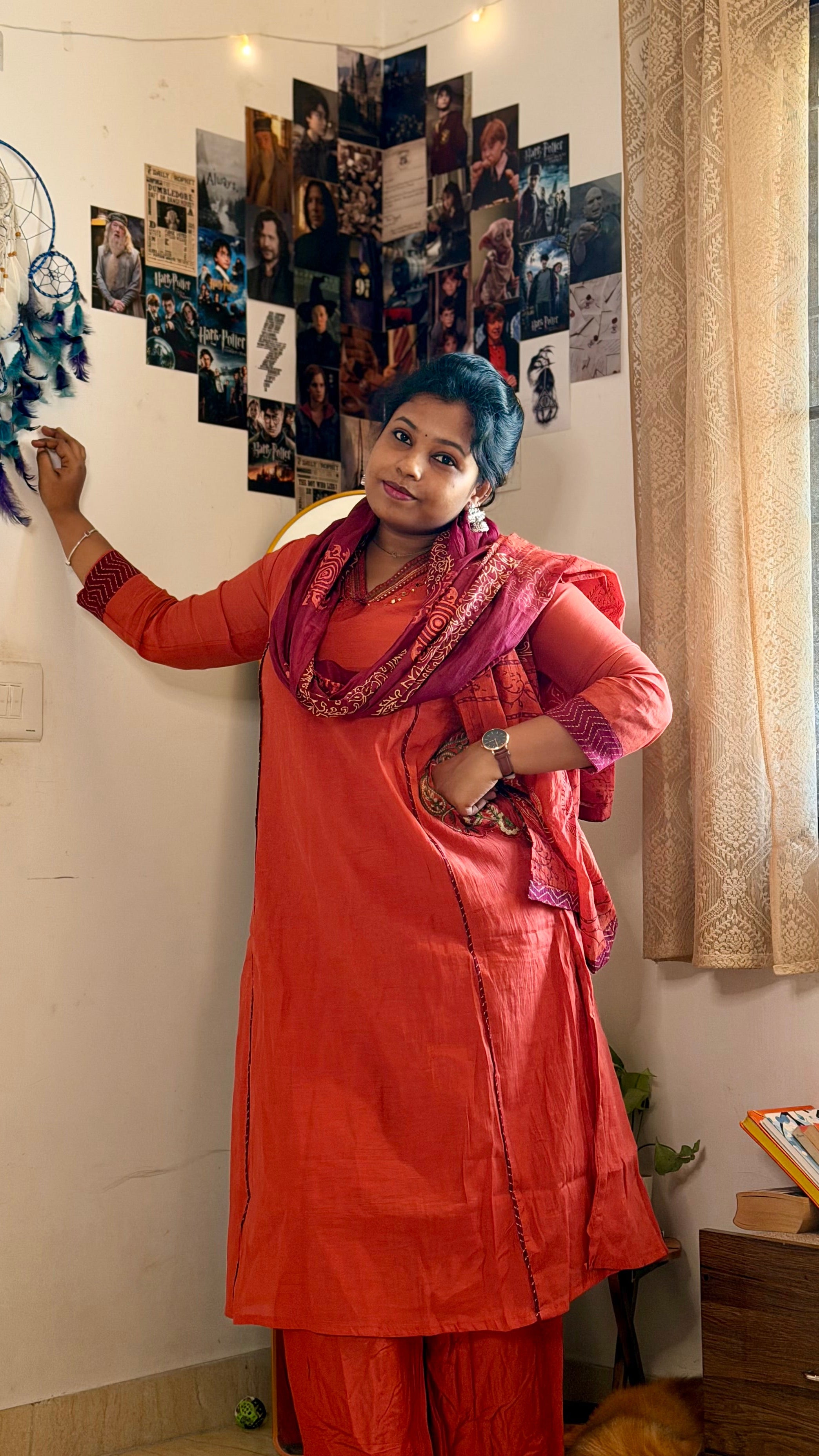 RUGHA 23 - Handloom Mul Chandari Rust Orange Kurti Set