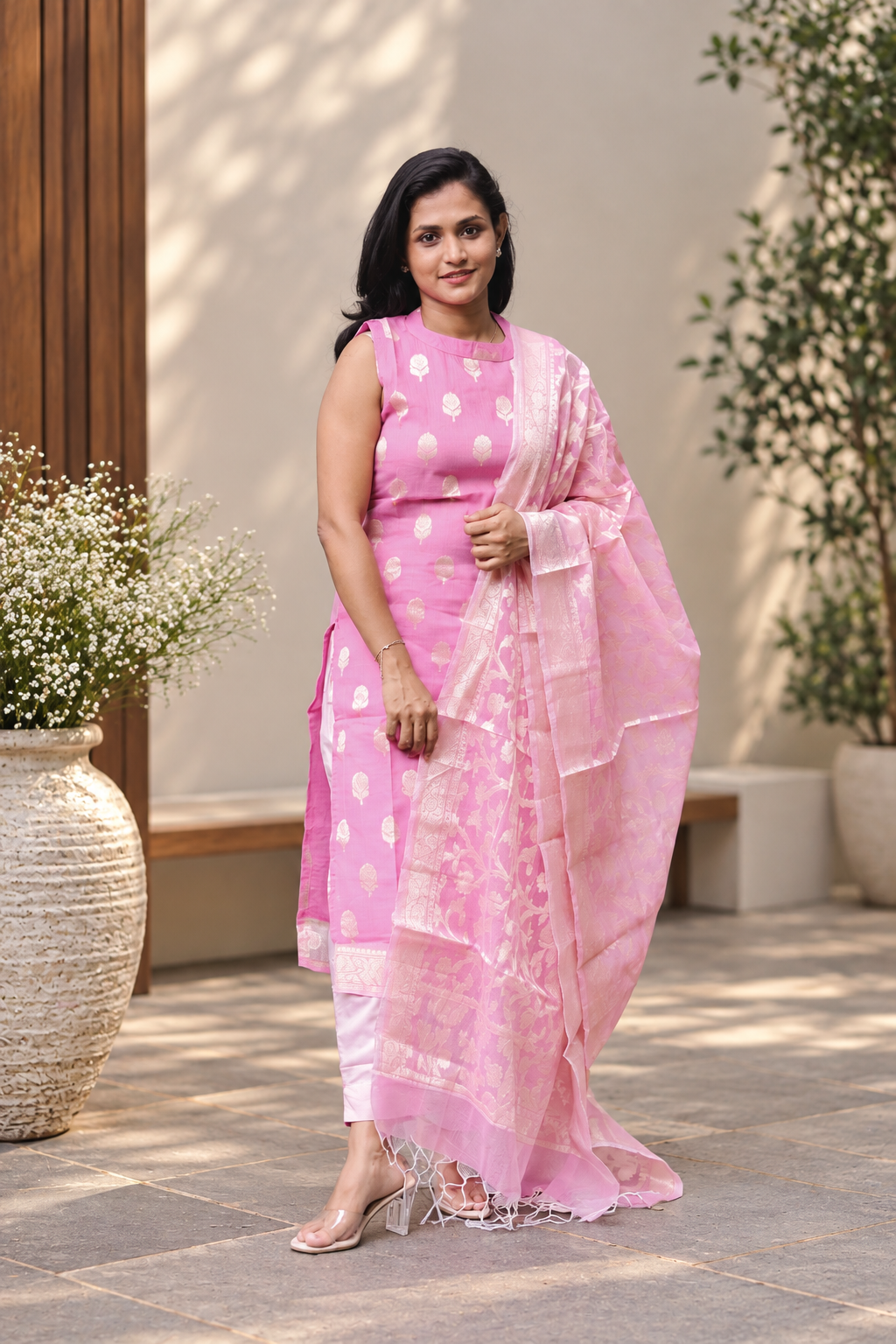 RUGHA 07 - Premium Banarasi Pink Kota Doria Suit