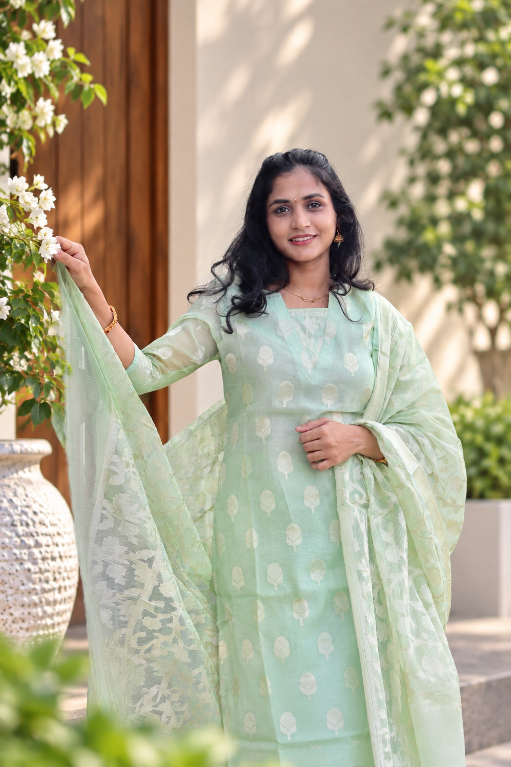 RUGHA 10 - Premium Banarasi Pastel Green Kota Doria Suit