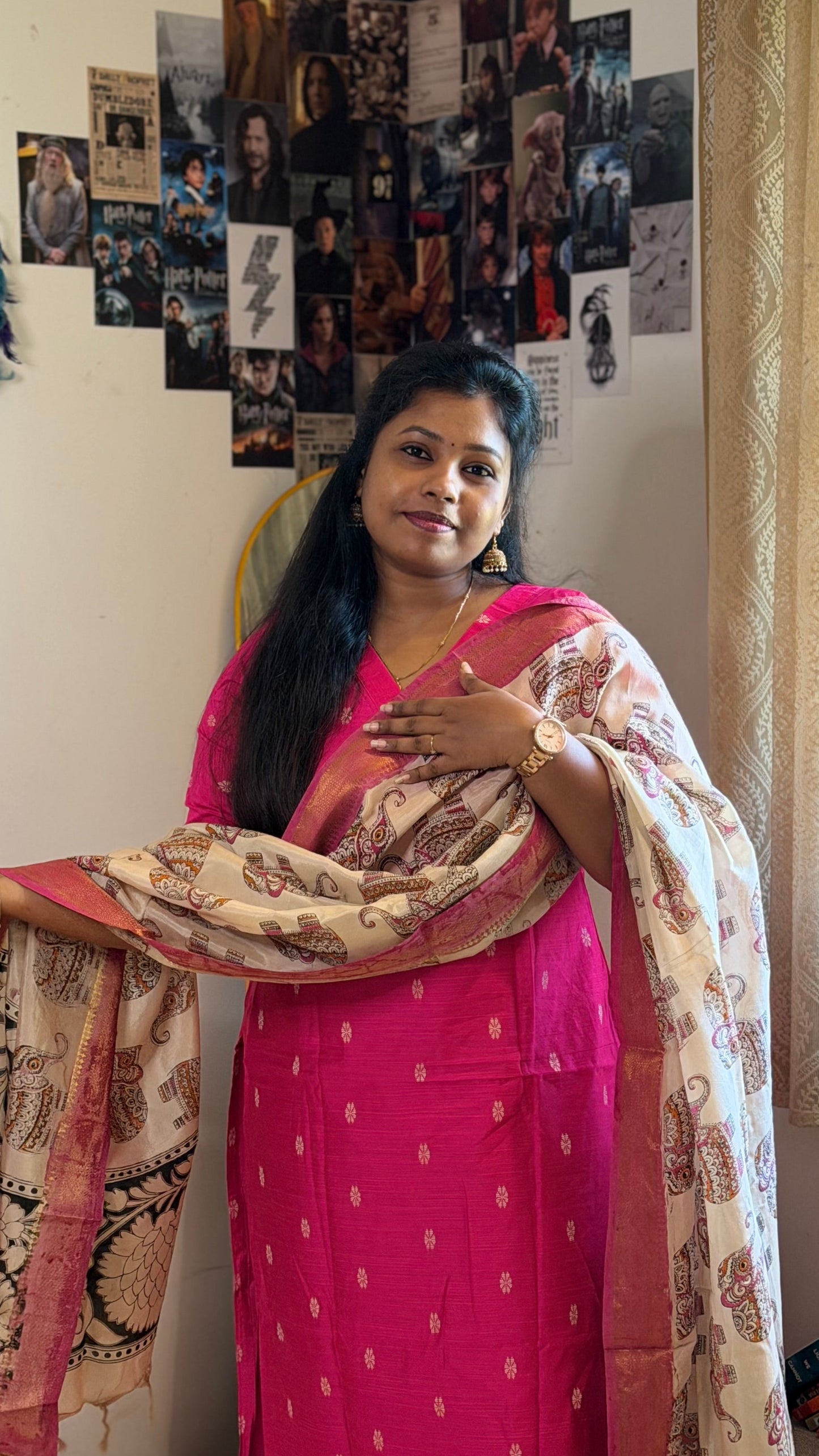 RUGHA 05 - Rani Pink Silk top with Kalamkari Duppata