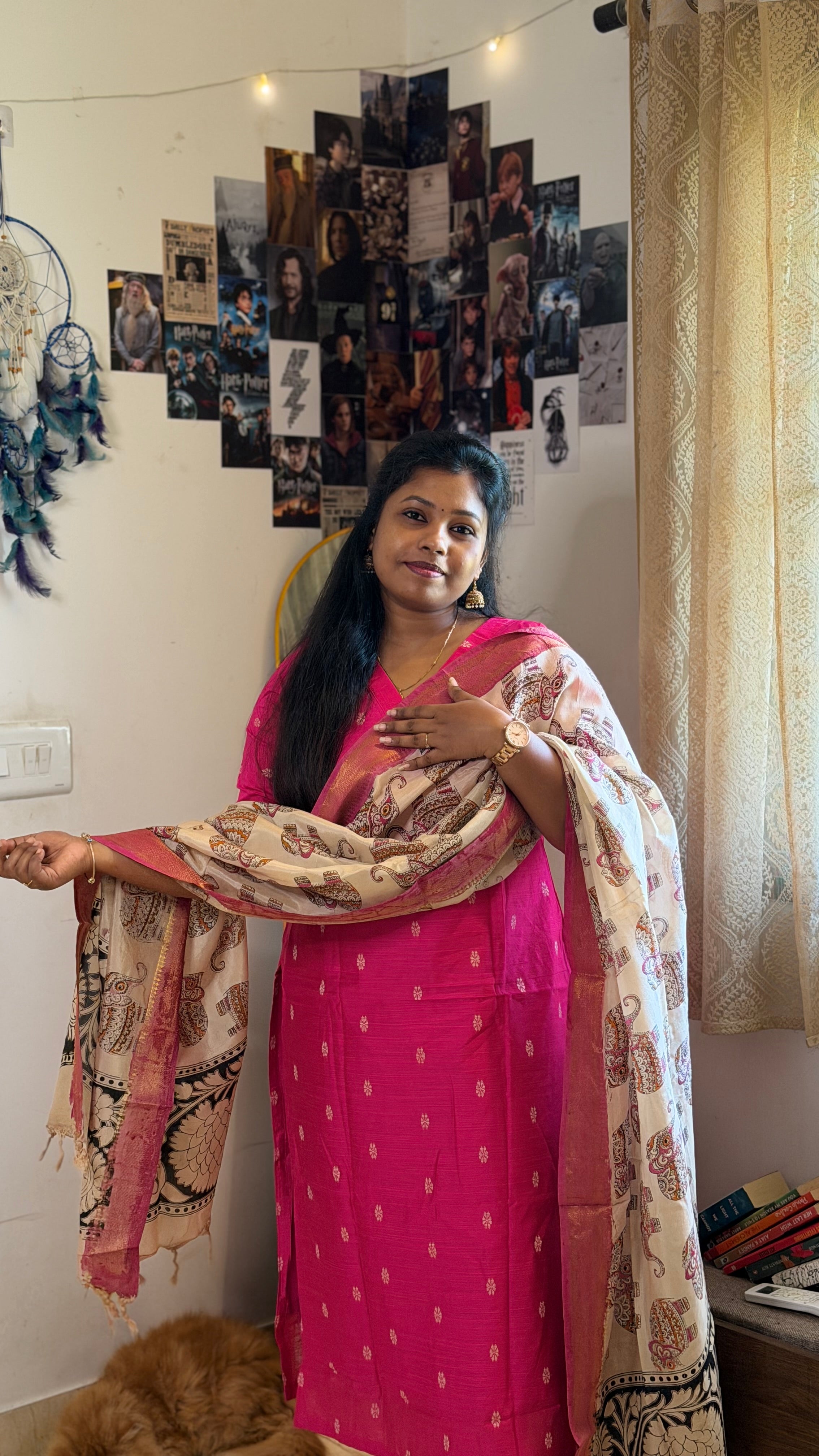 RUGHA 05 - Rani Pink Silk top with Kalamkari Duppata