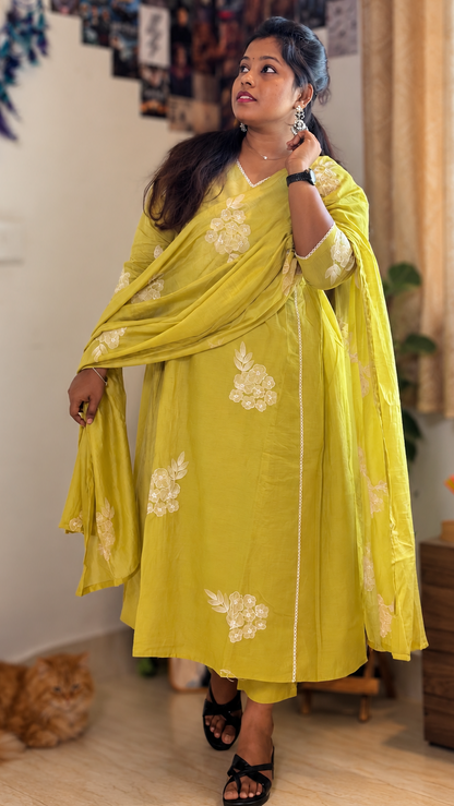 RUGHA 26 - Lime Green Mul Chandari A-Line Kurti
