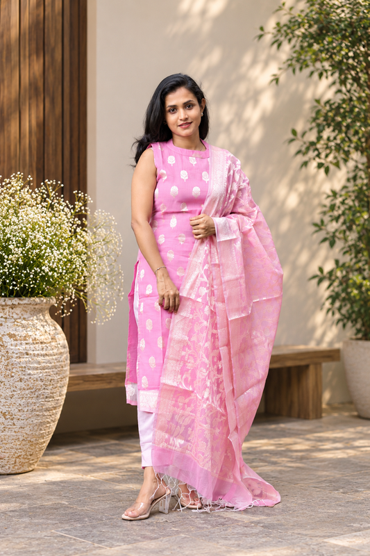 RUGHA 07 - Premium Banarasi Pink Kota Doria Suit