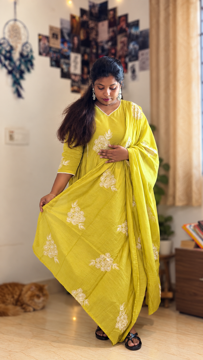 RUGHA 26 - Lime Green Mul Chandari A-Line Kurti
