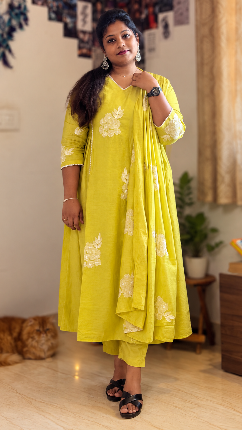 RUGHA 26 - Lime Green Mul Chandari A-Line Kurti