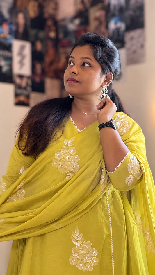 RUGHA 26 - Lime Green Mul Chandari A-Line Kurti