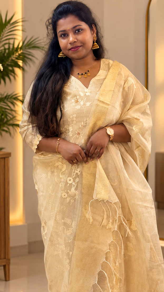 RUGHA 22 - Cream & Golden Mul Chandari Kurti Set