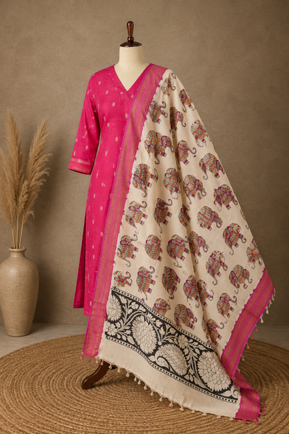 RUGHA 05 - Rani Pink Dupion Silk Top With Kalamkari Duppata
