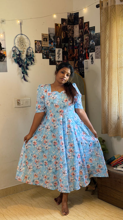 RUGHA 32 - Sky Blue Floral Fit & Flare Maxi
