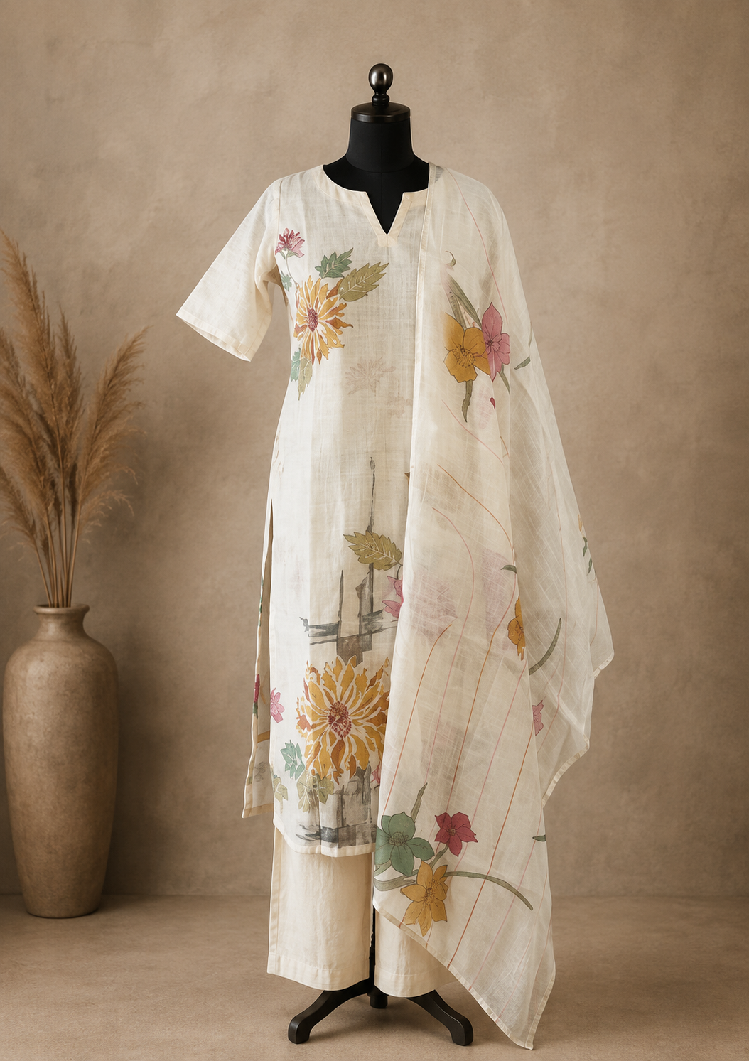 RUGHA 04 - White Premium Linen Cotton Suit Set