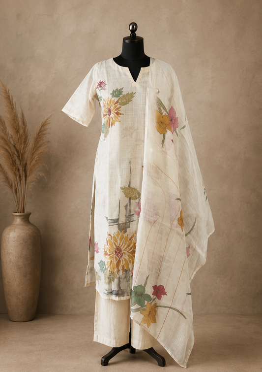 RUGHA 04 - White Premium Linen Cotton Suit Set