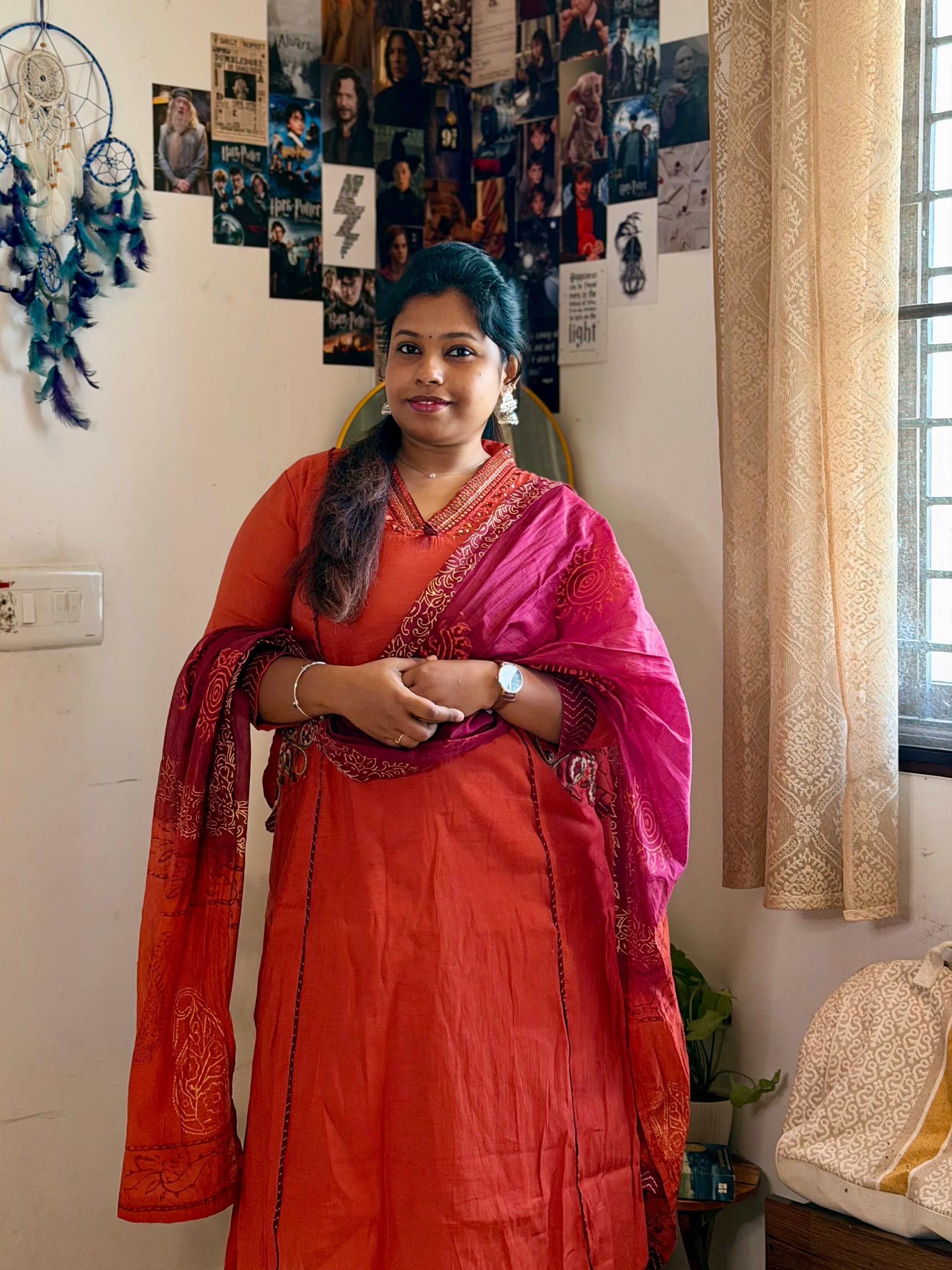 RUGHA 23 - Handloom Mul Chandari Rust Orange Kurti Set